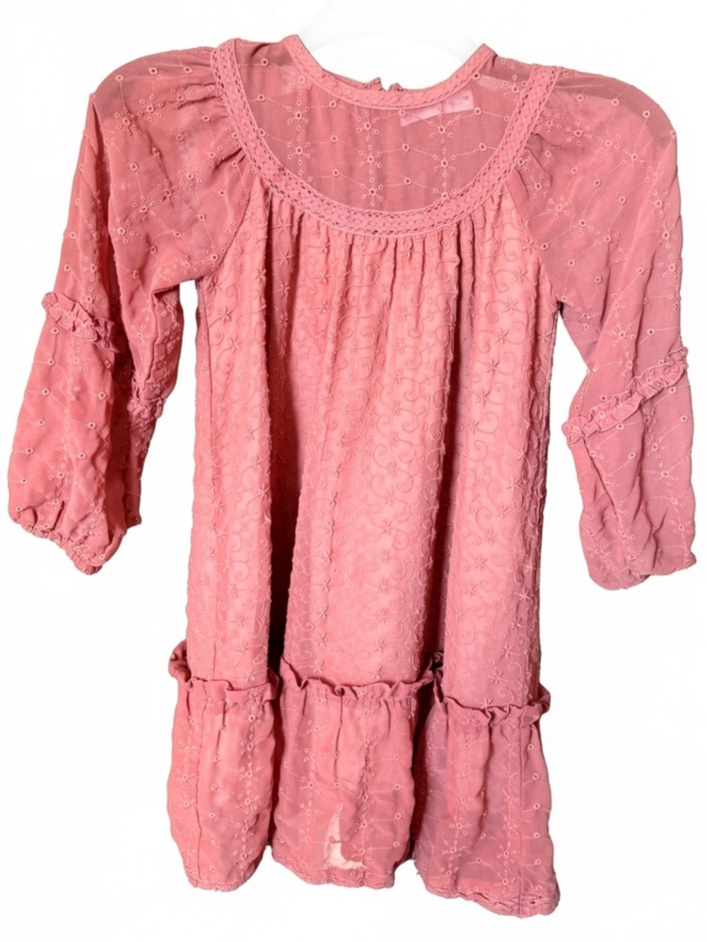 Zara Kids Girls Pink Eyelet Embroidered Ruffle Tiered Peasant Dress